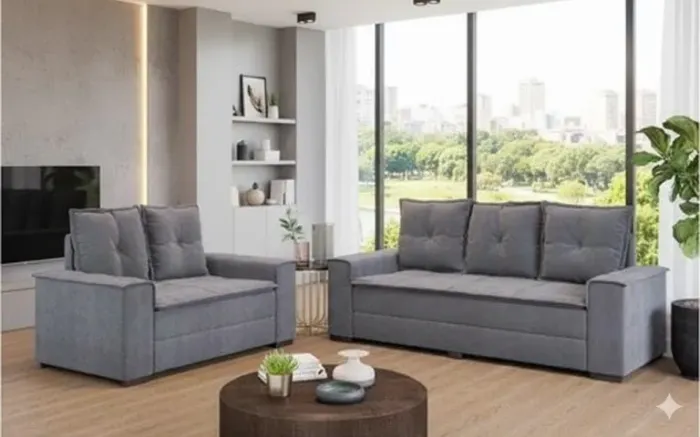 Conjunto sofa 2 e 3 lugares cinza veludo 
