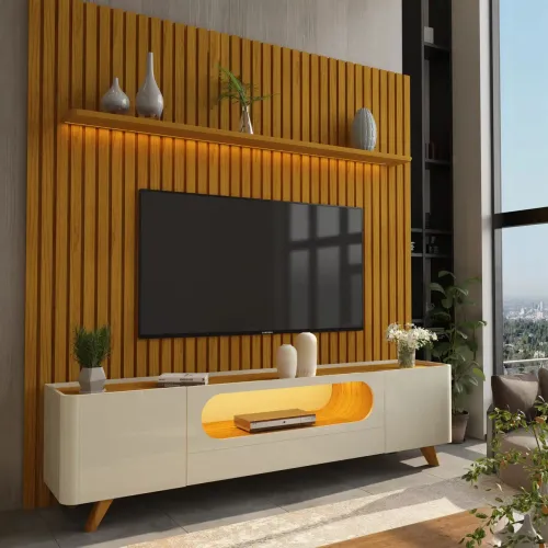 KIT NOBRE PAINEL RIPADO 2.30 + RACK 2.10 C/ LED - 100% MDF - TV ATÉ 75 POLEGADAS - stock 