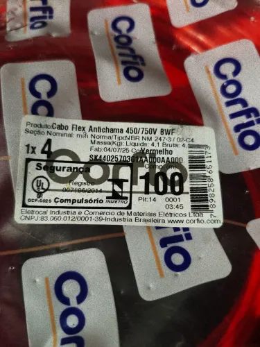 Fio flexivel corfio 4 MM x 100 metros cobre puro 