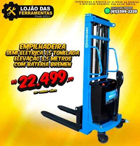 Empilhadeira Semi Elétrica 1,5 Tonelada Elevação 3,5 Metros Com Bateria Bremen