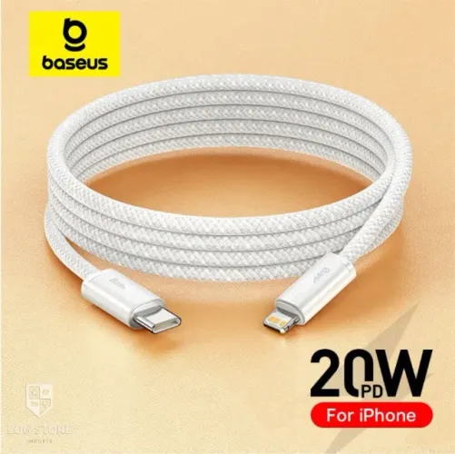 Cabo Baseu PD 20w Tipo C para iPhone do 6 ao 14 Trançado Branco 1 Metro