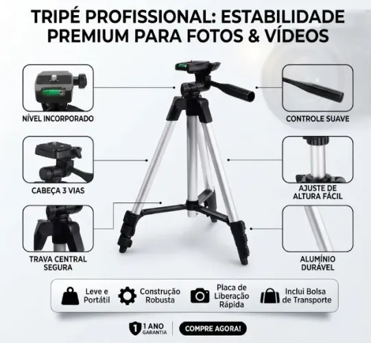 Suporte Tripé de Celular Altura 1 Metro Profissional Alumínio para Fotos e Vídeos Cabeça 3