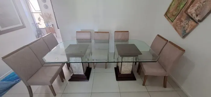 Mesa de jantar 8 lugares - tampo de cristal belga bisotado + 8 cadeiras