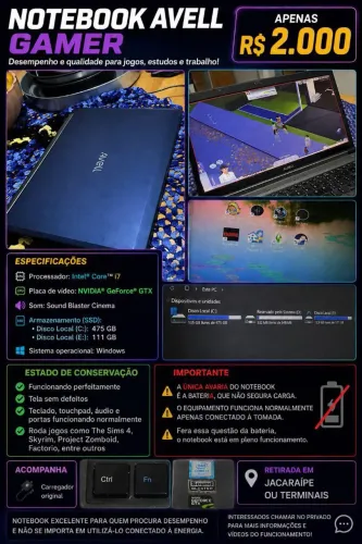 NOTEBOOK GAMER AVELL PLACA DEDICADO 2GB CPU I7 SSD512 HDD120 NVIDIA 860M