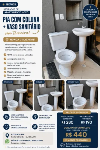 Pia com coluna + vaso sanitário | Novos | Retirada de apartamento