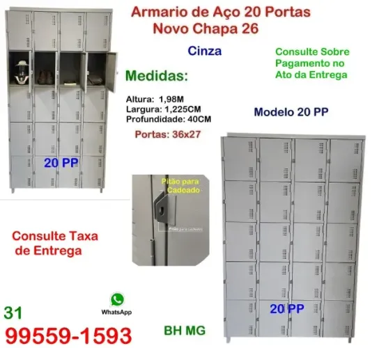 Armário de aço roupeiro 20 portas escaninho academia indústria comercio loja vestiário