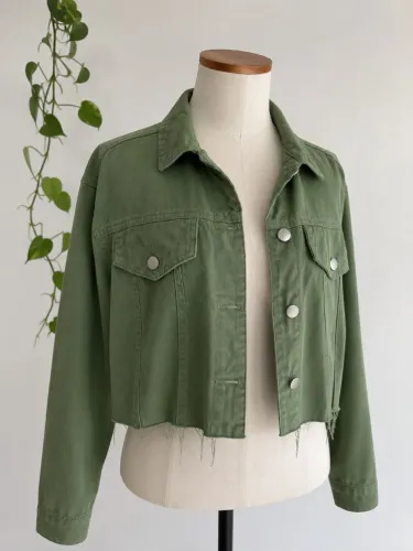 Jaqueta Jeans Feminina Verde Militar Cropped Oversized Estilo Vintage