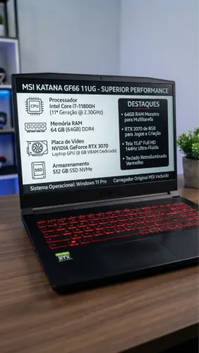 Notebook Gamer MSI Katana GF66 11UG - i7 11ª Gen, RTX 3070, 64GB RAM, 512GB