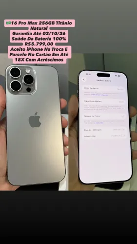 iPhone 16 Pro Max 256GB Titânio Natural - Garantia Até 02/10/26 (Usado)