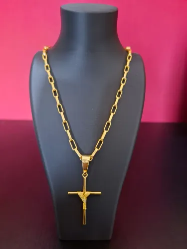 Corrente Tijolinho 3mm/70 cm Pingente Cruz Banhada a Ouro18k