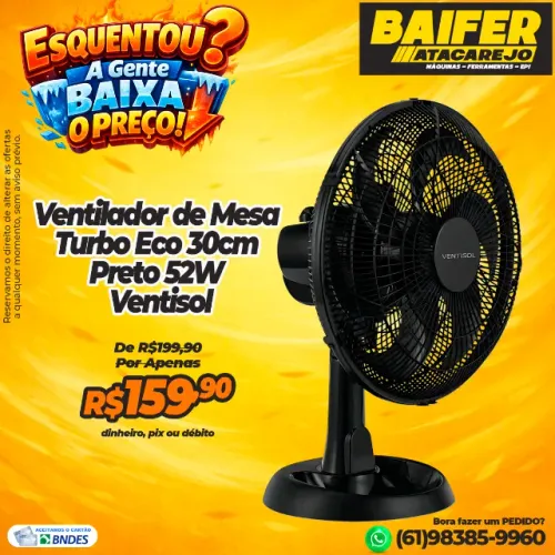 Ventilador de Mesa Turbo Eco 30cm Preto 52W Ventisol