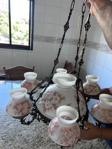 Lustre Vintage de Porcelana/Opalina Floral - 6 Braços