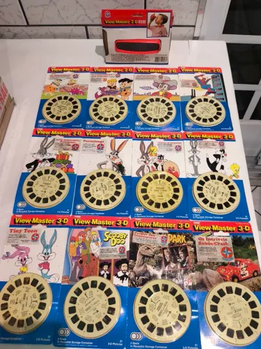 Lote View-Master 3D Estrela/Tyco na Caixa + 12 Encartes de Discos Raros