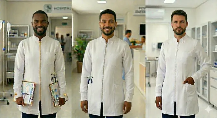 Jaleco Gabardine Feminino e Masculino Zíper Dourado, Prateado e Branco 