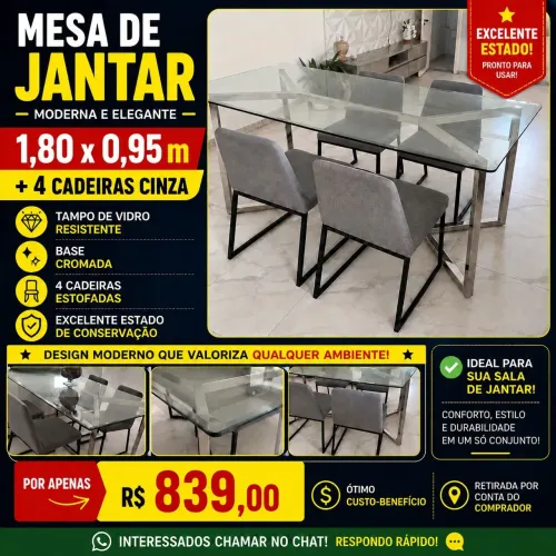 Mesa de Jantar de Vidro 1,80x0,95 + 4 cadeira - Base cromada