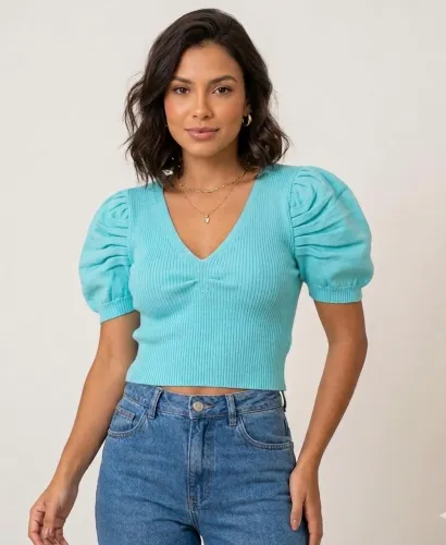 Cropped de tricô tam P cor verde água