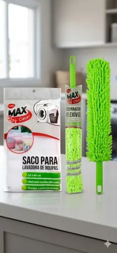 Kit Limpeza= 1 Espanador Pó Flexível Microfibra Lavável + 1 Saco Para Lavadora De Roupas 