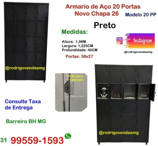 Roupeiro Armário Aço 20 Porta preto Industria Vestiário auto Volume academia moveis