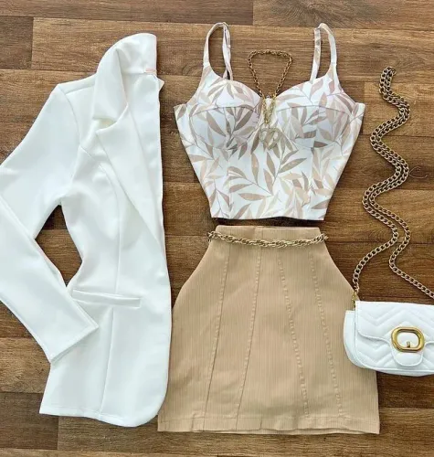 Conjunto Feminino Elegance Nude - Blazer + Cropped + Saia