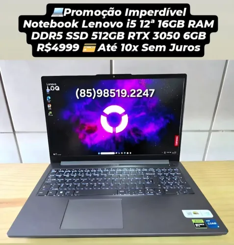 Promoção Notebook Gamer Lenovo LOQ i5 12ª RTX 3050 6GB 16GB RAM DDR5 Até 10x Sem Juros