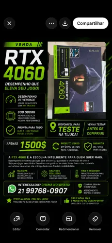 RTX 4060 Galax usada, por R$ 1.500, com teste na Tijuca