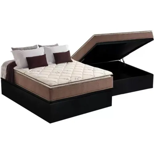 Colchão Casal Star Pillow In + Base Box Baú Corino tt544