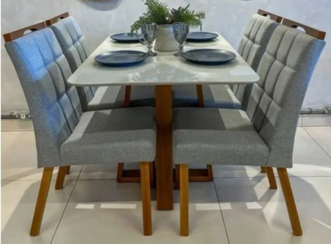 Mesa de Jantar 4 Cadeiras Madeira Maciça tecido linho chumbo 