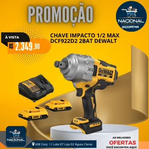 Chave de Impacto 1/2"  20V + carregador, 2 baterias e bolsa DCF922D2 Dewalt