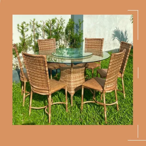 Conjunto de Mesa de Jantar Redonda com 6 Cadeiras em Fibra Sintética