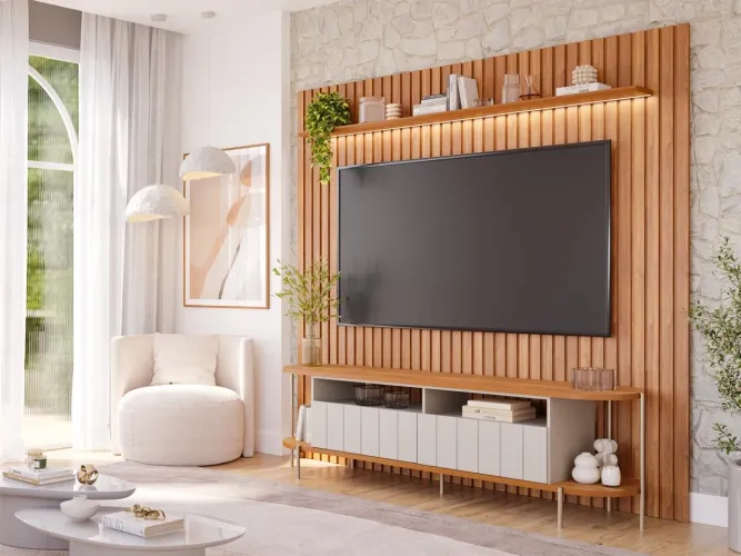 Painel Ripado com Rack Industrial Design Moderno t876