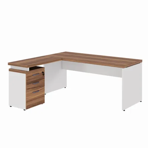 Mesa Escritório em ?L? c/ Gavetão na Auxiliar 1,50×1,50m - NOGAL SEVILHA/BRANCO