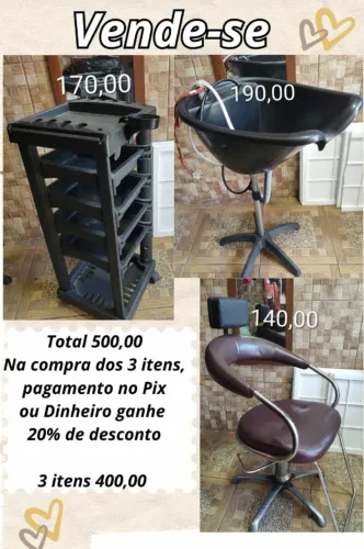 Kit Salão de Beleza Completo - Lavatório + Cadeira + Carrinho em bom estado para uso.