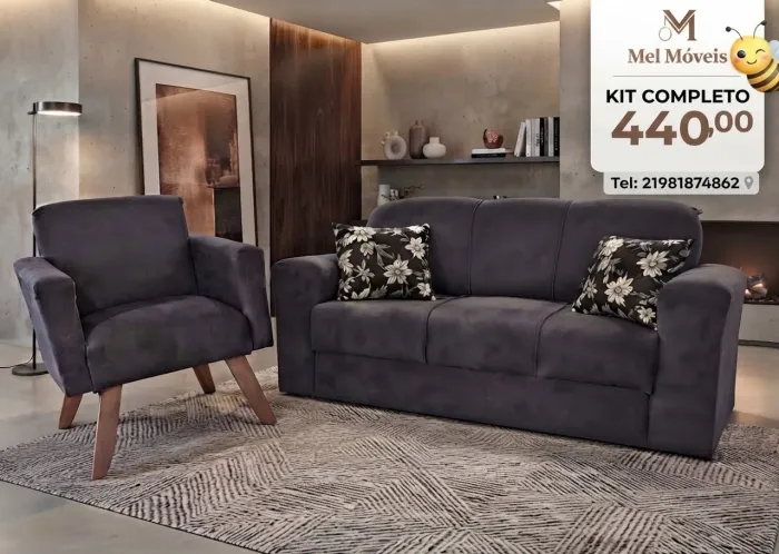 ? 440,00 PROMOÇÃO- kit sala / sofá 3 lugares + poltrona + 2 almofadas de brinde
