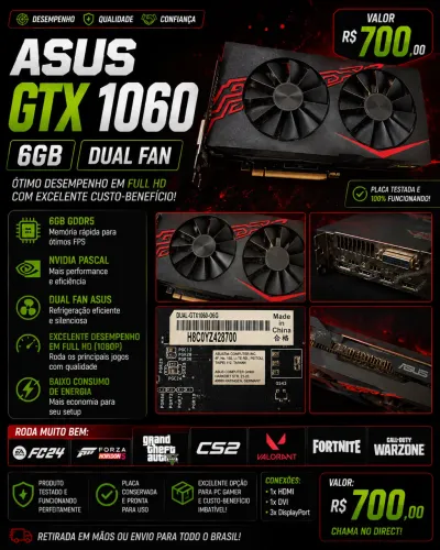 Placa de Vídeo ASUS GTX 1060 6GB Dual Fan