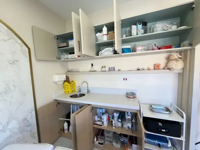 Bancada + cuba + gabinete p/ sala de estética + prateleira com Led + Armário Superior Led