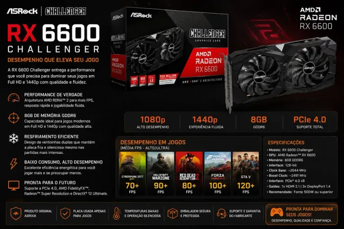 RX 6600 Challenger 8GB | Excelente Estado | Roda Tudo em Full HD/1440p