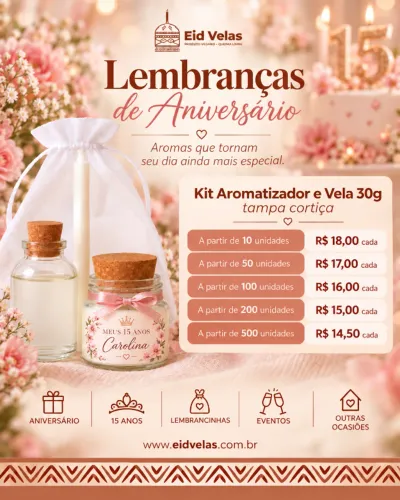 kit lembrancinha 15 anos. Vela aromática e difusor de ambientes