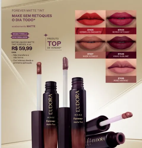 Batom Matte tint eudora 18horas de duração.