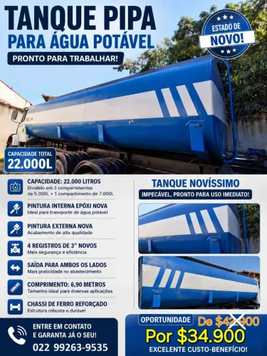Tanque Pipa P/ caminhão Pipa Água Potável Oportunidade