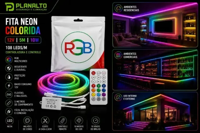 Fita RGB Neon 12v COMPLETO. FLEXIVEL 12 CORES 5 METROS 