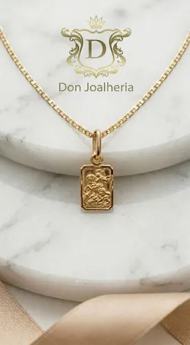 Conjunto Piastrine e Medalha Quadrada de São Jorge em Ouro 18K 750