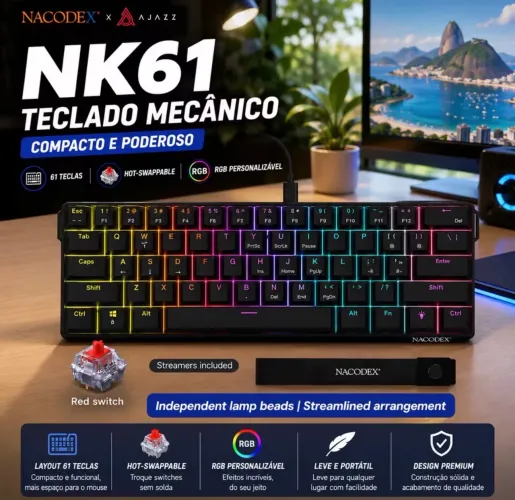 Teclado Mecânico Gamer Ajazz Nk61 Switch Red Hot Swap 60% Preto e Branco