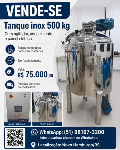 Tanque inox 500 kg para cosméticos com agitador, aquecimento e painel elétrico
