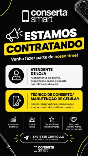 Vaga para atendente e técnico de conserto de celular.