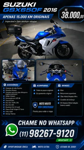 Vendo Suzuki GSX650F 2016, moto extremamente conservada e diferenciada pelo baixíssimo uso