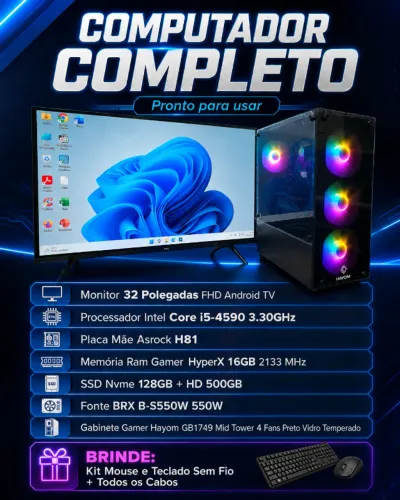 Computador Gamer - Monitor 32 Pol - Core i5 4590 - SSD NVME 128GB + HD 500GB + 16GB RAM