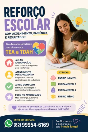 Reforço Escolar em Domicílio | TEA e TDAH | Todas as Disciplinas