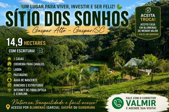 UM LUGAR PARA VIVER, INVESTIR E SER FELIZ SÍTIO DE 14,9 HECTARES(149.000m²) NO GASPAR ALT