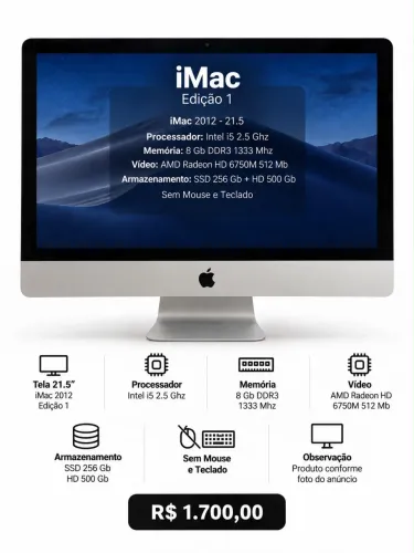 iMac 21.5 Intel Core i5 | 8 GB RAM | SSD 256 GB + HD 500 GB