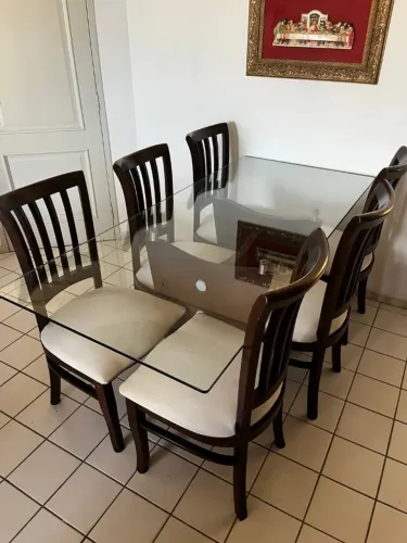Mesa de Jantar Tampo de Vidro 180x80 com 6 Cadeiras Estofadas